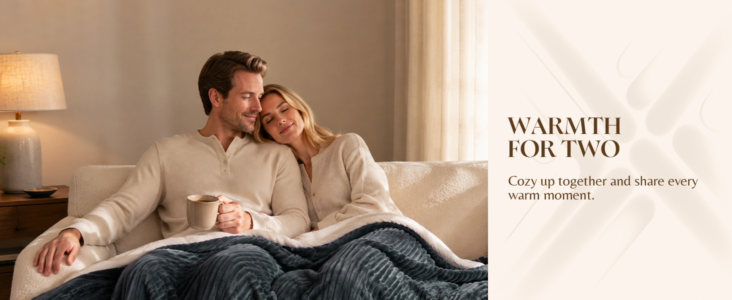 Cozy heated blanket for two, share warm moments, electric throw for couch, soft sherpa couples