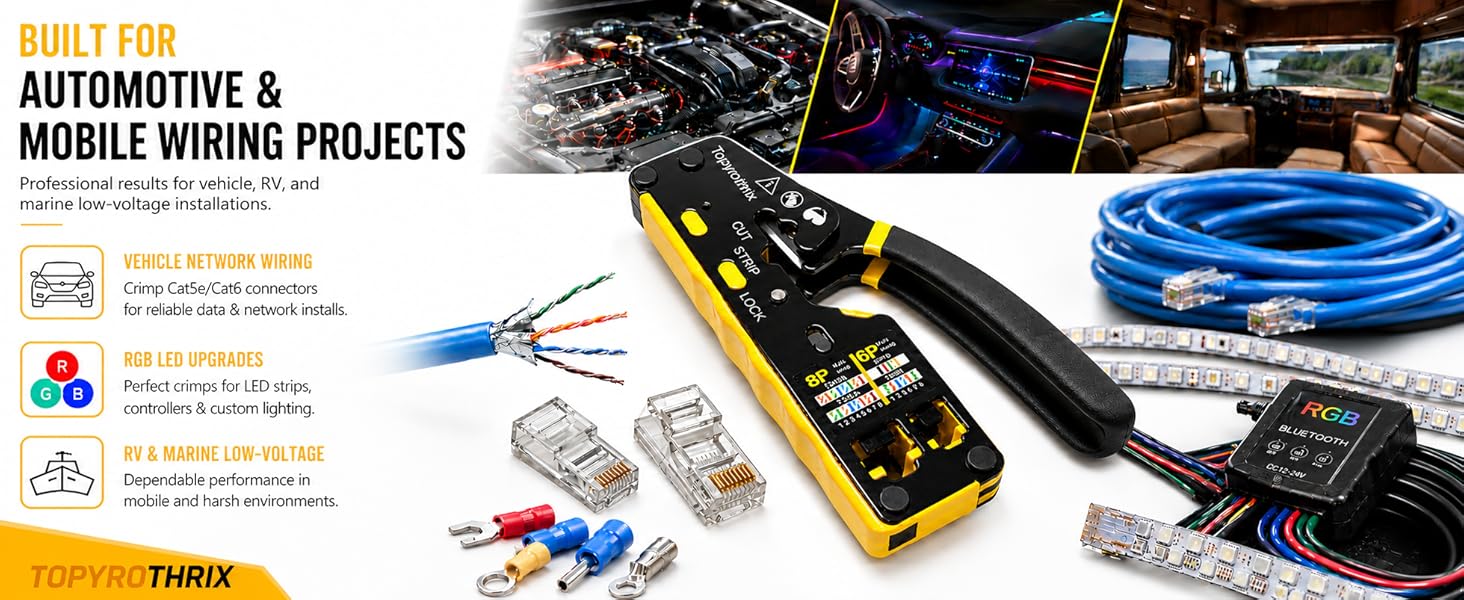 TOPYROTHRIX RJ45 crimper for vehicle, RV, LED strip and marine low-voltage wiring