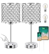 Crystal Bedside Table Lamp Touch Control, 3-Way Dimmable Small Nightstand Lamp Set of 2 with USB-...