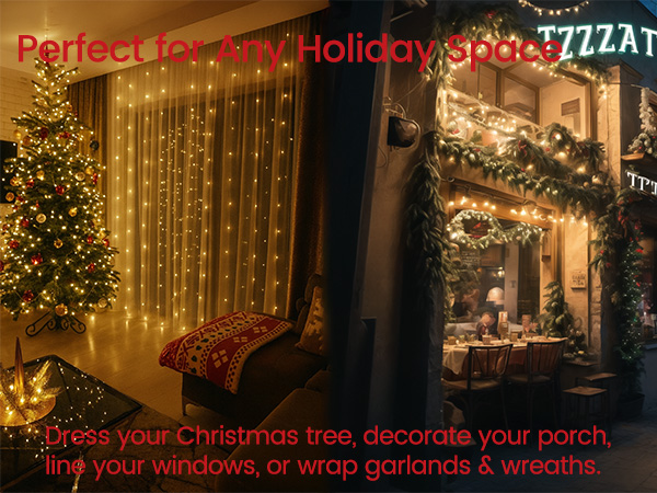 Clear incandescent string lights used outdoors on greenery creating a warm festive look