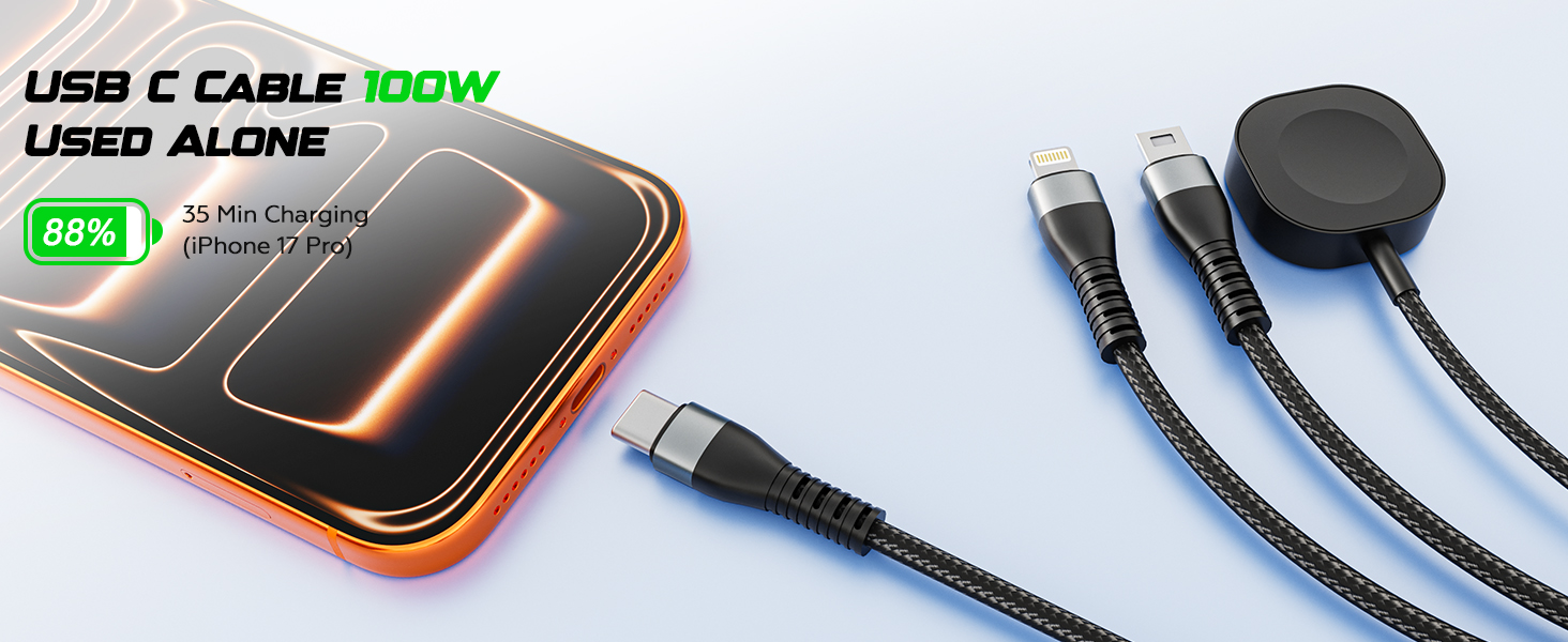 This is 100W USB-C fast charging cable, enabling fast charging for iPhone 17, Samsung, iPad, laptops