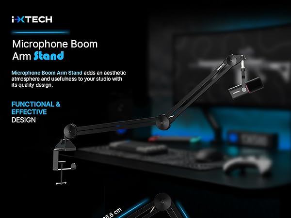 gaming mic podcast microphone stand arm boom studio pc computer streaming desk low profile cable cam