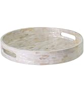 PEMAR 12.6” Mother of Pearl Round Serving Tray with Handles, Decorative Nacred Wooden Ottoman Cof...