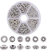 PH PandaHall 300pcs 6 Style Antique Silver Spacer Beads, Tibetan Metal Alloy Jewelry Beads Tube S...