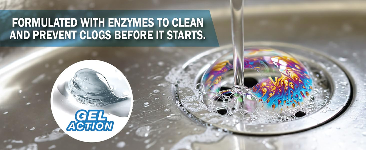Label with swirling liquid, water pouring into a drain, and text about enzymes and gel action.