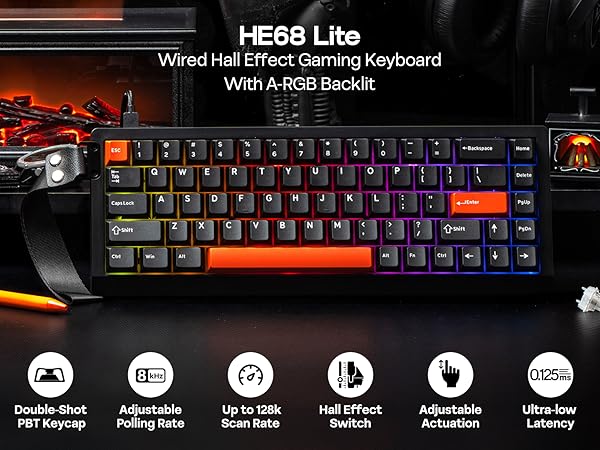 Text reads 'HE68 Lite' and shows a gaming keyboard with RGB backlighting displayed across multiple product views. Features mechanical switches and customizable illumination patterns.