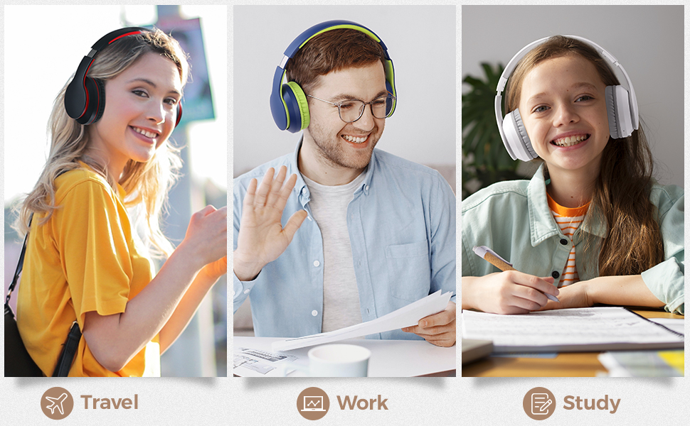 Three-panel image showing people wearing headphones in different settings, labeled 'Travel', 'Work', and 'Study'.