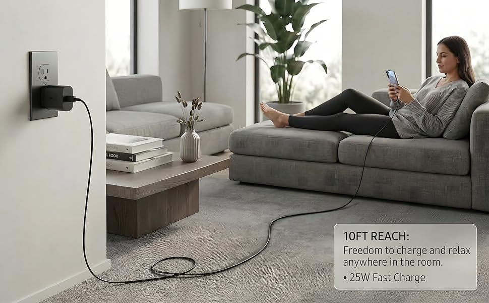 10ft extra long type-c cable and 25w charger block used by woman relaxing on living room couch