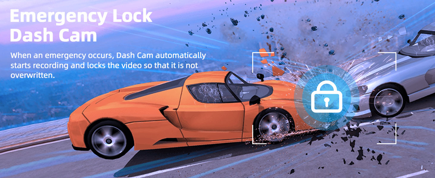 Illustration of orange sports car in collision, with emergency dash cam feature highlighted. Text explains automatic recording during emergencies.