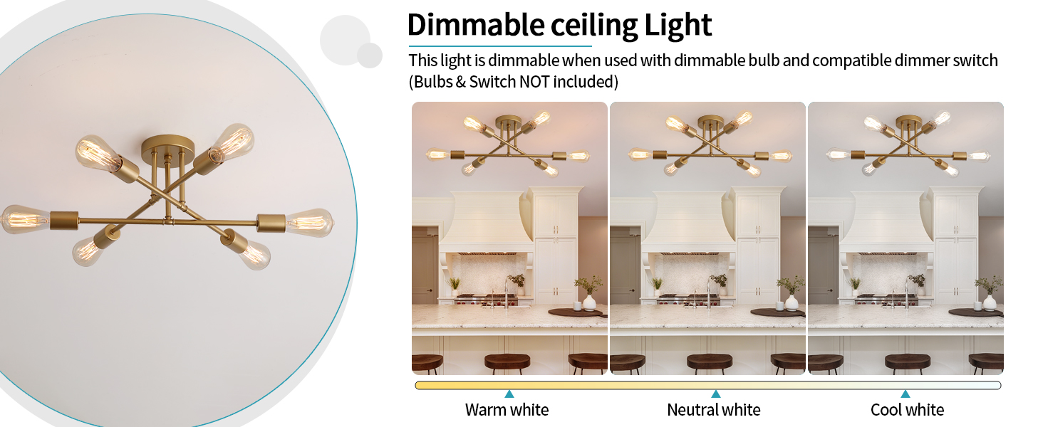 6-Lights Industrial Metal Semi Flush Mount Ceiling Light for Bedroom