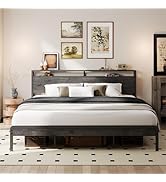 LIKIMIO California King Bed Frame with Headboard, Dark Wood Camas California King with Strong Sup...