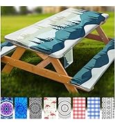 Fitted Picnic Table Cover with Bench Covers Waterproof Elastic Edges Rectangle Patio Tablecloth O...