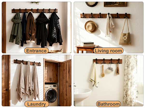 This wall-mounted coat hook is suitable for use in entrance, living room, laundry and bathroom