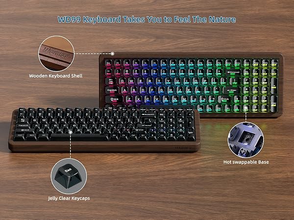 98% Wireless Mechanical Keyboard with Number Pad Natural Walnut Wood Gaming Keyboard