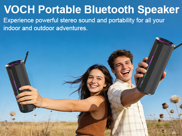 Text reads "VOCH Portable Bluetooth Speaker Experience powerful stereo sound and portability for all your indoor and outdoor adventures.". Three people holding black cylindrical portable speakers outdoors against blue sky background.