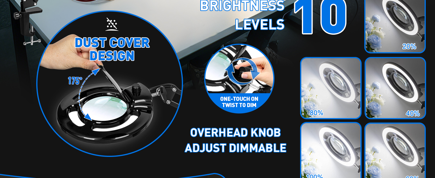 Color brightness rotary lighting adjustment magnifying glass light lamp 6000K 2,200 lumens