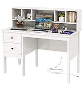 Tangkula White Desk with Drawers &amp; Hutch, Modern Home Office Desk Writing Study Desk with Chargin...