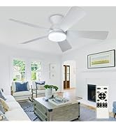 Depuley Modern Ceiling Fan with Light: 42-Inch White Small Fans for Bedroom Indoor Outdoor - Dimm...