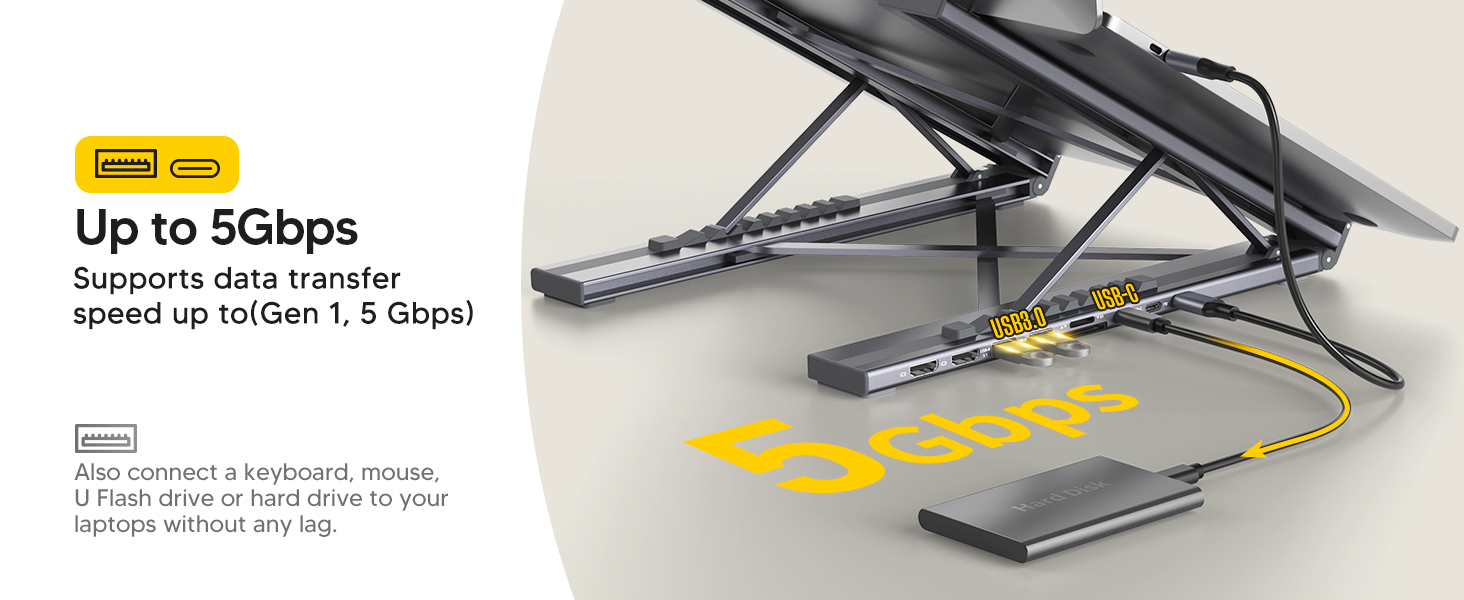 Text reads 'Up to 5Gbps'. Laptop stand or riser shown in multiple angles, featuring adjustable height settings and foldable design.