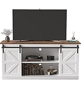 JUMMICO Farmhouse TV Stand up to 65 Inches, Mid Century Modern Entertainment Center with Sliding ...