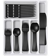 Black 49 Pieces Stainless Steel Flatware Sets With Organizer,Black Silverware Sets With Steak Kni...