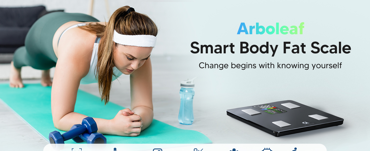 A woman is exercising, with an arboleaf body fat scale placed nearby