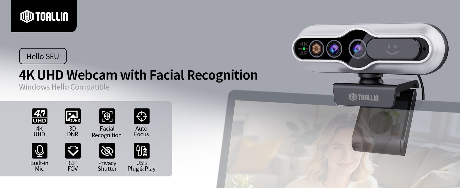 4K UHD webcam with Windows Hello Facial Recognition Camera