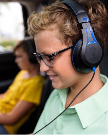 Children using TWT Audio DURO headphones to listen and learn during a car ride