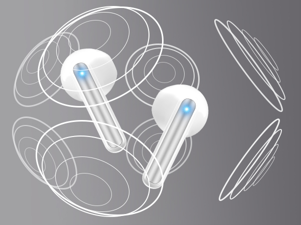Two white spherical objects with protruding transparent tubes, each containing a glowing blue light. They're surrounded by overlapping white circular lines on a gray background.