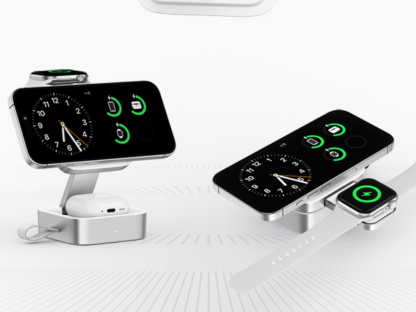 White charging dock with dual smartphone stands displaying health monitoring apps with green circular indicators and graph interface screens.