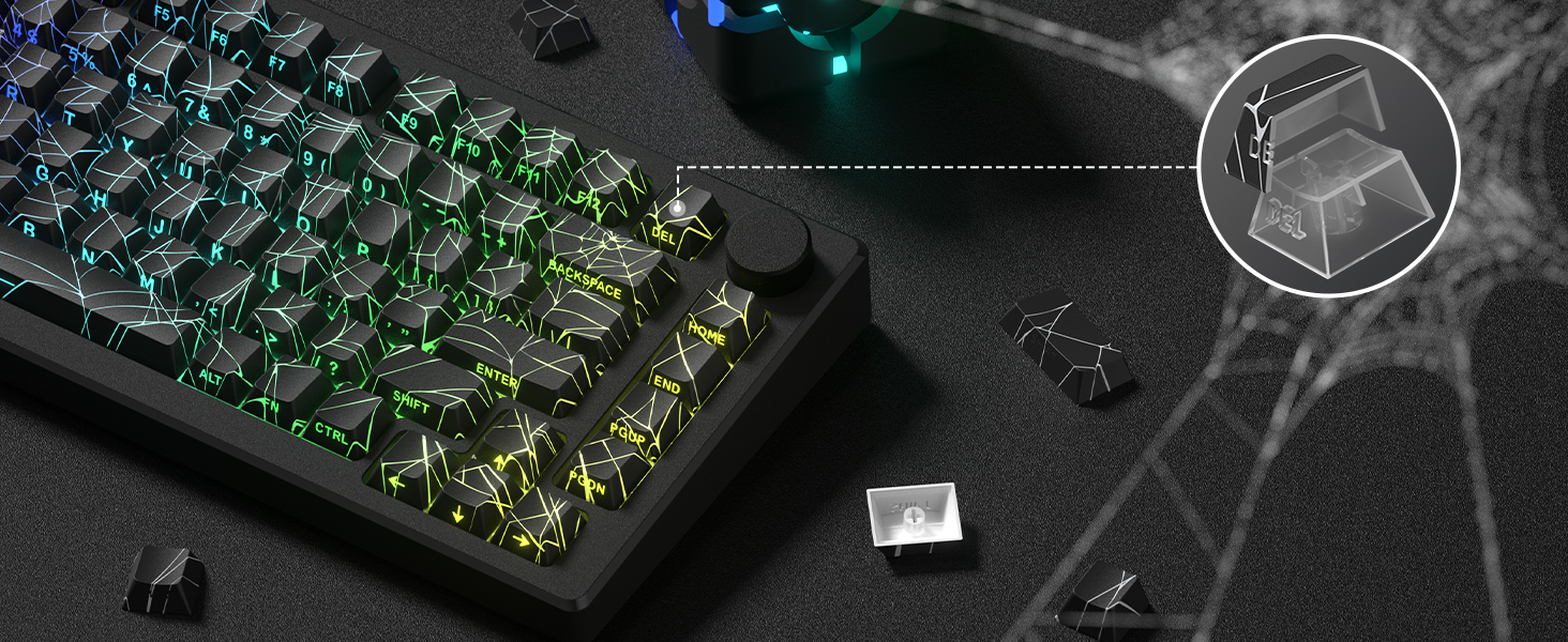 XVX Spider Web Keycaps Shine Through Keycaps cherry Profile, Lines Backlit, Side Printed - Black