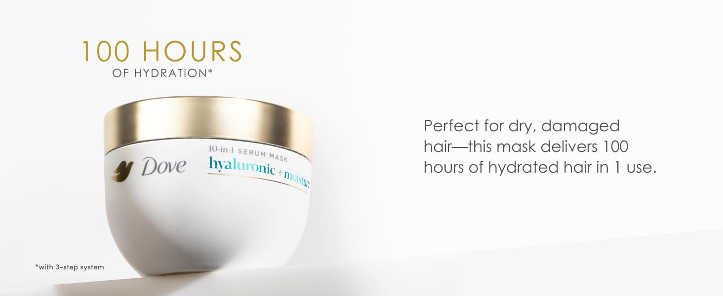 Dove Daily Moisture pot next to text about benefits to apply on dry hair to get 100H of hydration.