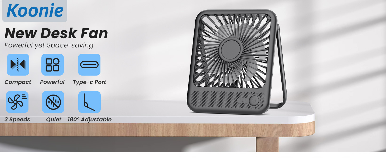Koonie New Desk Fan. Compact gray fan with square design. Features include powerful airflow, 3-speed control, and USB-powered operation.