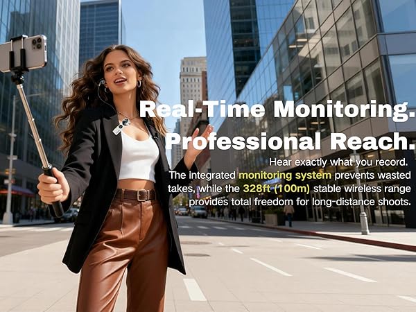 Audio monitor for content creators, 100m distance wireless mic, hear your voice live while filming