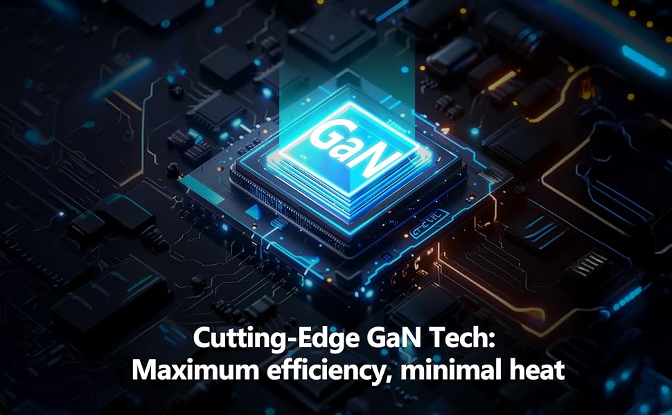 Visual representation of GaN chip technology with emphasis on efficiency and reduced heat generation