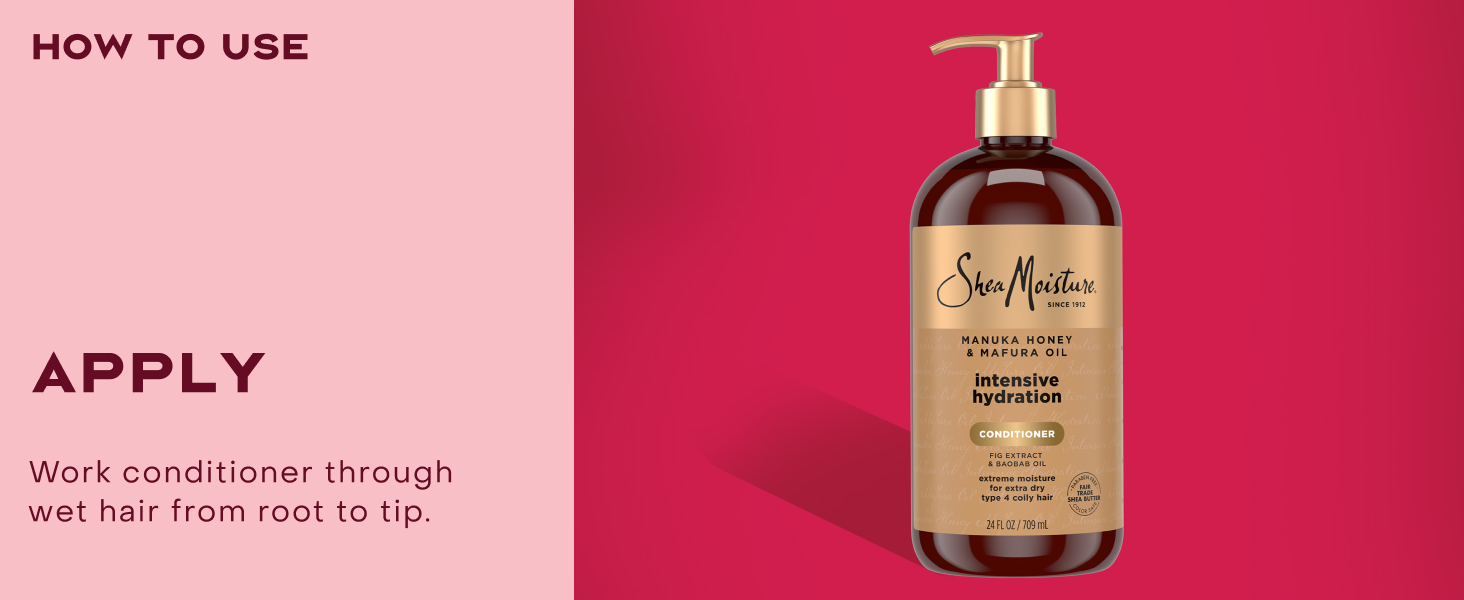 Image of the SheaMoisture Intensive Hydration Conditioner bottle, next to applying instructions.