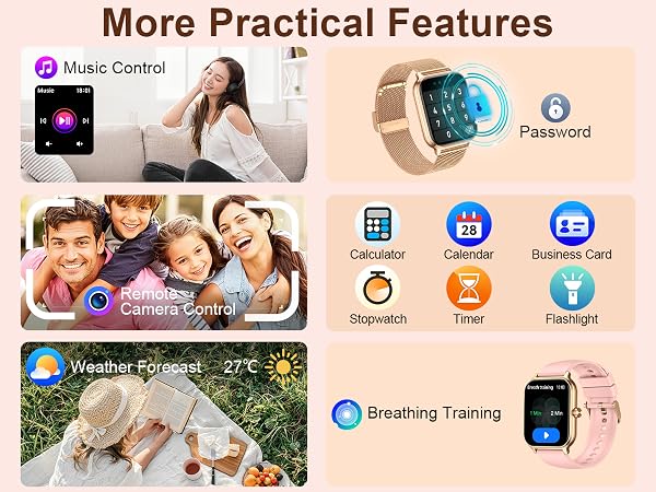 Text reads "More Practical Features" with icons for "Music Control", "Passometer", "Camera Control", "Weather Forecast", "Breathing Training". Rose-gold smartwatch displayed with various feature demonstrations including music control, family photos, and health tracking functions.