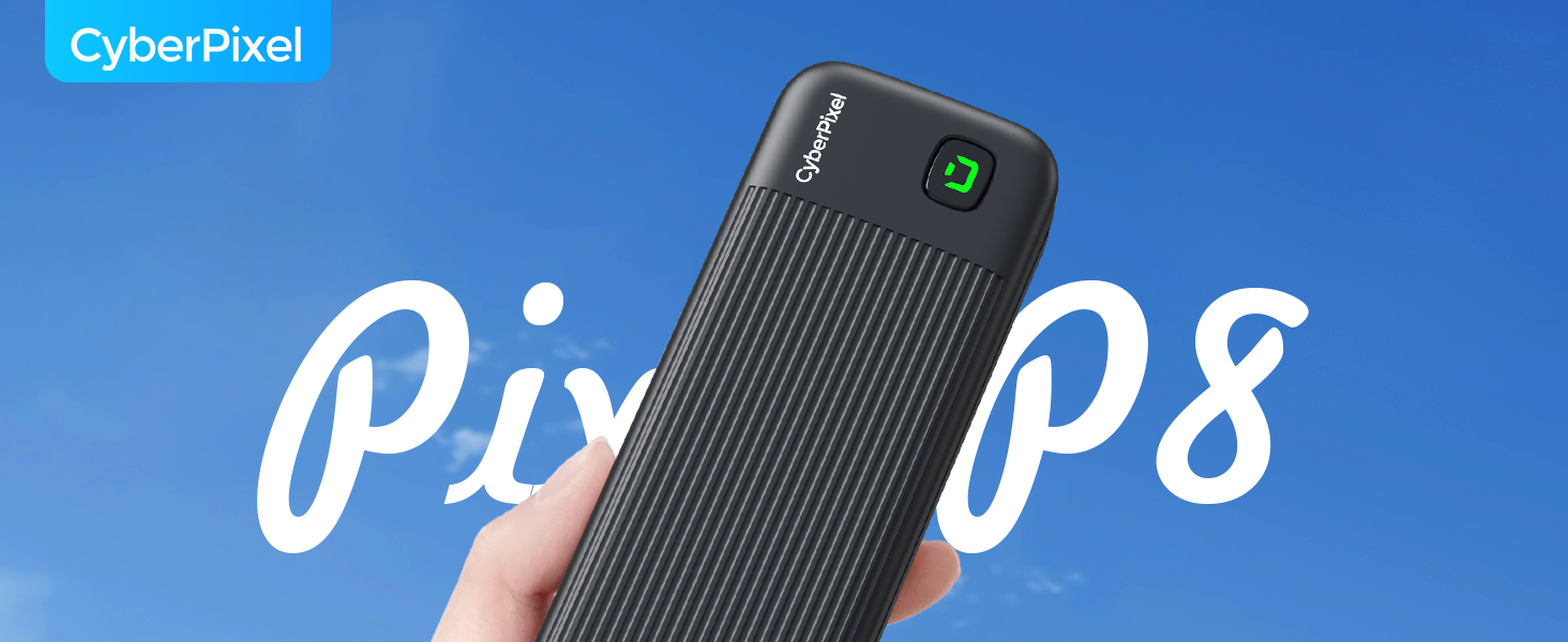 Product images showing iPix and iP8 wireless charging devices against blue background with 'CyberPixel' branding visible.