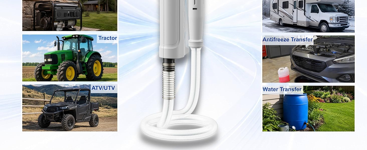 Portable fuel transfer pump used for vehicles, tractors, ATVs, generators and water transfer
