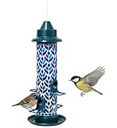 Lily's Home Blue Mosaic Tube Bird Feeder - Attracts Small Birds - 4 Feeding Ports, 3 or 4 Cups Ca...