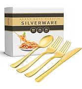 Qeirudu Gold Plastic Silverware, Disposable Plastic Flatware Heavy Duty Cutlery Set Includes 50 F...
