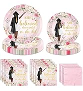 Juweked Pink Graduation Paper Plates and Napkins for Black Girls, She Believed She Could So She D...