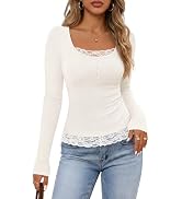 MEROKEETY Women's Long Sleeve Lace Trim Tops 2026 Fall Ribbed Scoop Neck Button Shirts Going Out ...