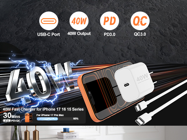 40W Fast Charger for iPhone 17 16 15