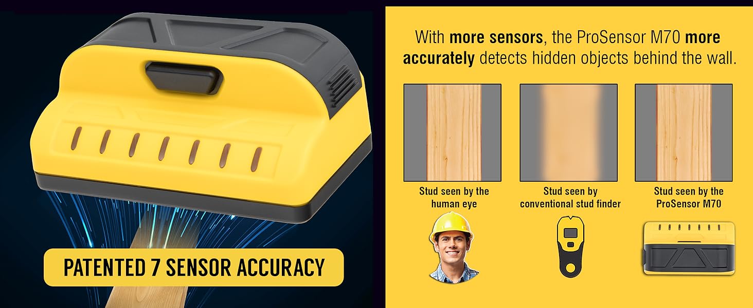 With 7 patented sensors, the M70 stud finder more accurately detects studs behind the wall