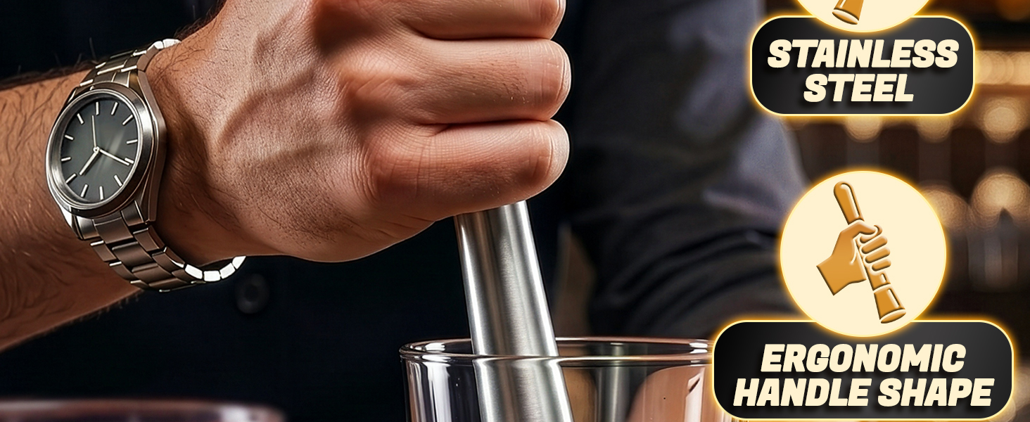 cocktail muddler tool in glass with mint and ice showing ergonomic grip and crushing power