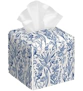 Vintage Floral Leather Tissue Box Holder Blue Flowers Tissue Box Cover Facial Paper Case Organize...