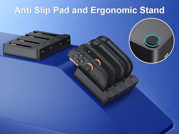 Black anti-slip pad and ergonomic stand for gaming controllers. Features multiple slots and a close-up of a circular button detail.