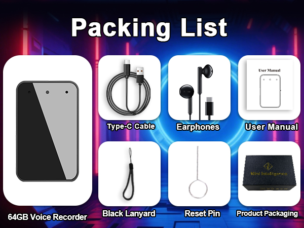 Packing for 64GB voice recorder,: USB Type-C cable, earphones, user manual, black lanyard, reset pin