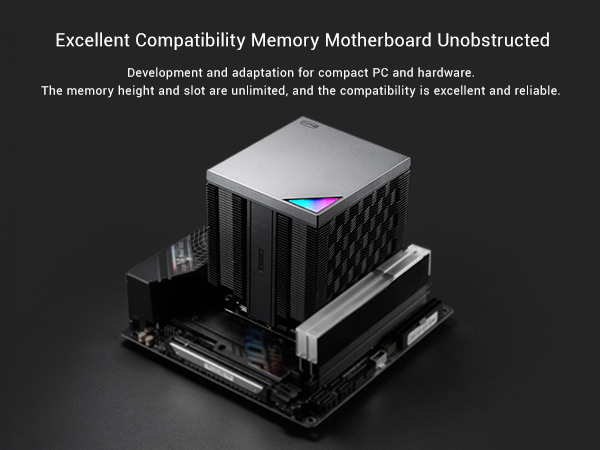 Text reads 'Excellent Compatibility Memory Motherboard Unobstructed'. Dark promotional image showing computer RAM memory modules with RGB lighting effects.